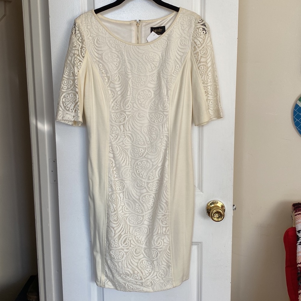 LAUNDRY By Shelli Segal - Ivory Bodycon Dress, Lace Panels + 3/4 Sleeve - Size 6